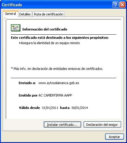 Detalles del certificado de sede