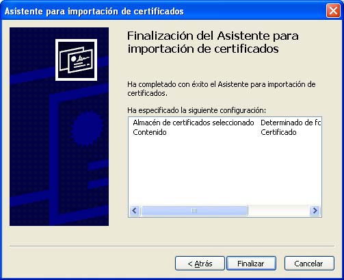 Finalización del asistente de instalación del certificado raíz