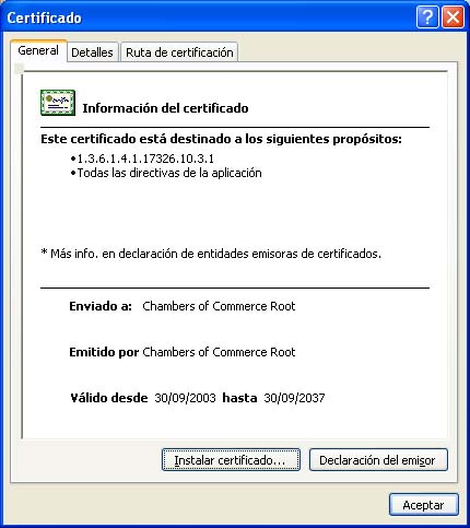 Detalles del certificado de sede